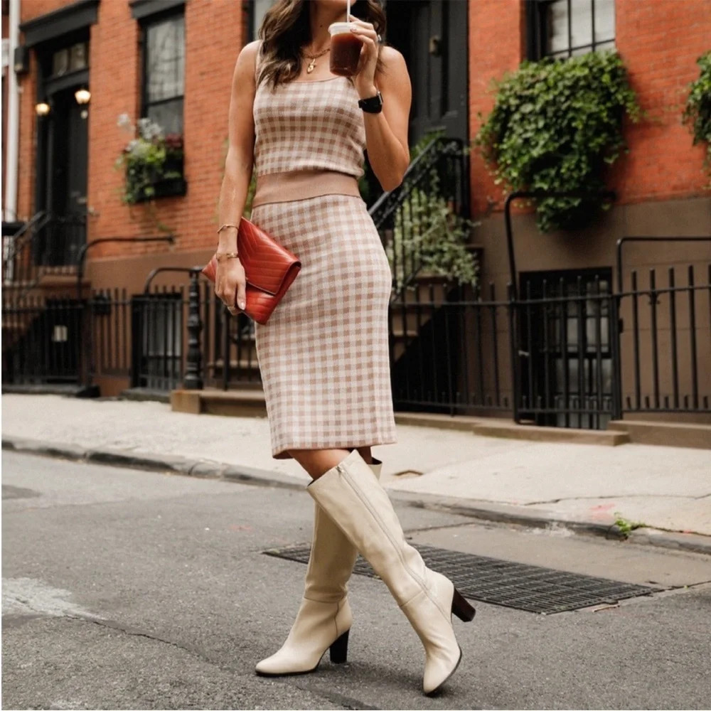 Ann Taylor Plaid Skirt Set in Beige and Cream